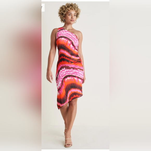VENUS Pink and Orange Asymmetrical Wrap Dress - Picture 1 of 3
